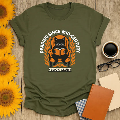 Mid-Century Reader T-Shirt featuring a cat reading, saying 'Reading Since Mid-Century', perfect for book lovers and gift for readers.