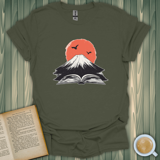 Eruption of Imagination T-Shirt featuring mountain and book design, perfect for book lovers. 100% cotton, unisex fit.