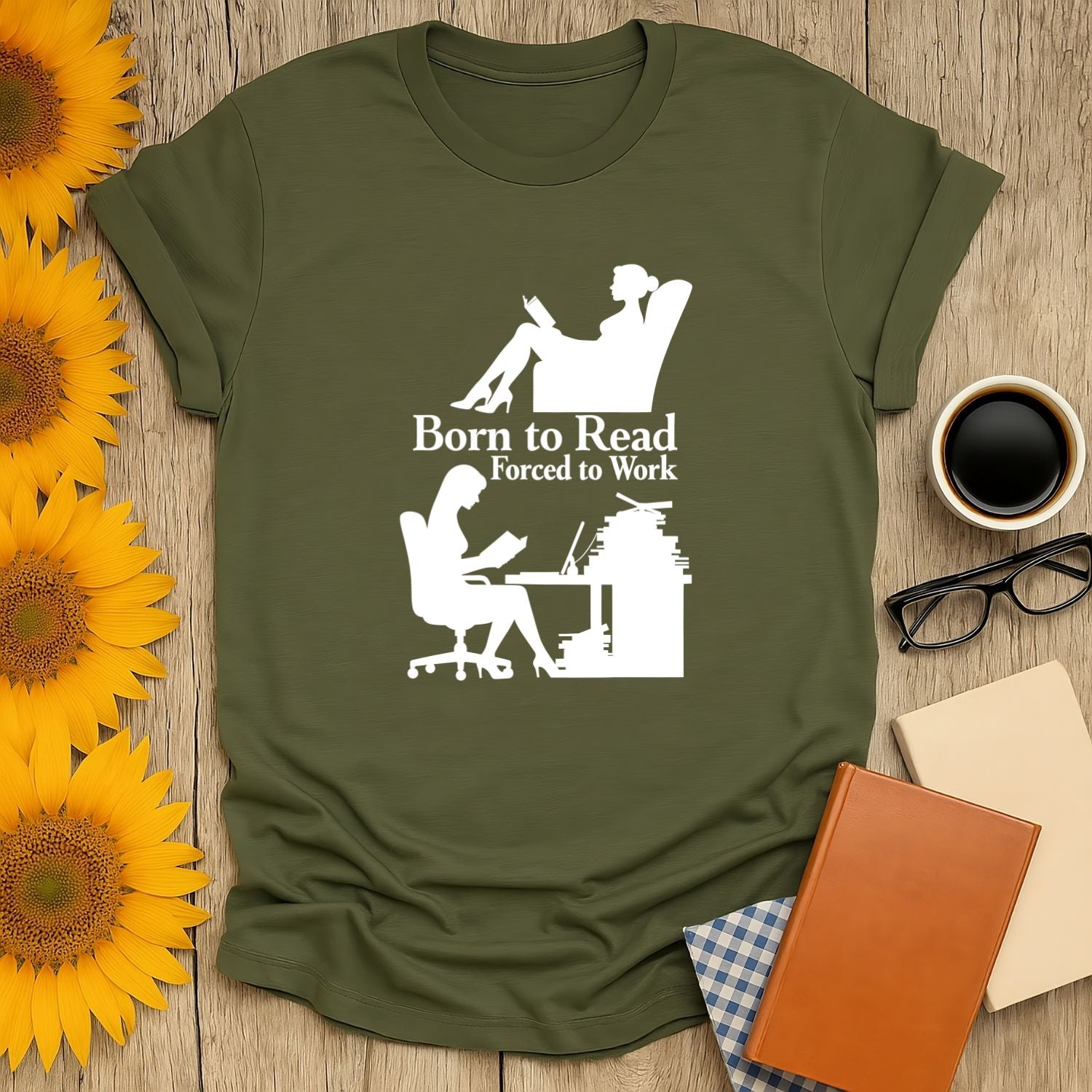 Bookish T-shirt design featuring 'Born to Read, Forced to Work' with silhouette graphics, perfect for book lovers.