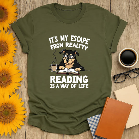 Coffee, Books & Paws T-Shirt for book lovers featuring a dog reading, perfect for cozy afternoons.