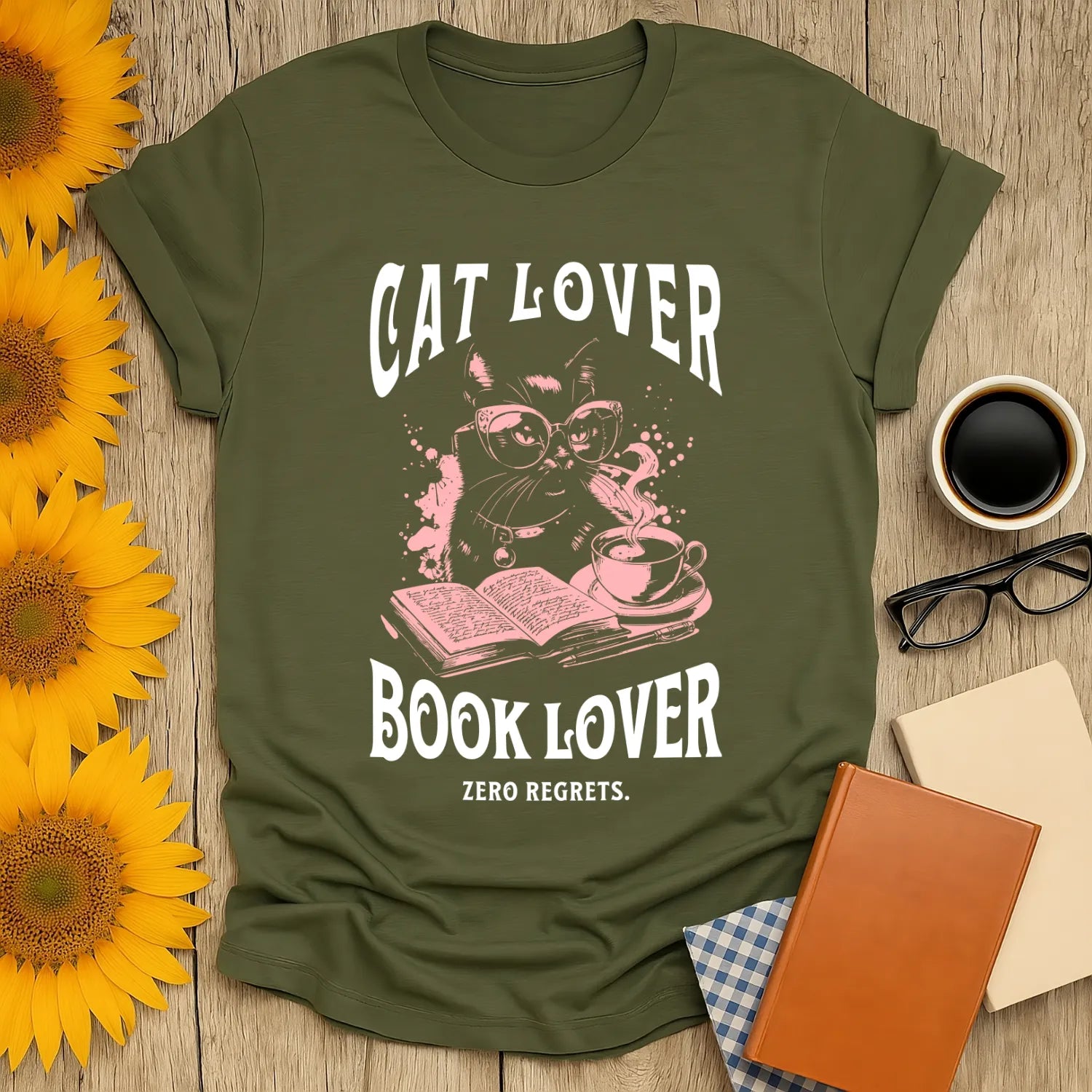 Cat & Book Lover T-Shirt featuring a hip cat in glasses, an open book, and coffee, perfect for cozy readers who love bookish humor.