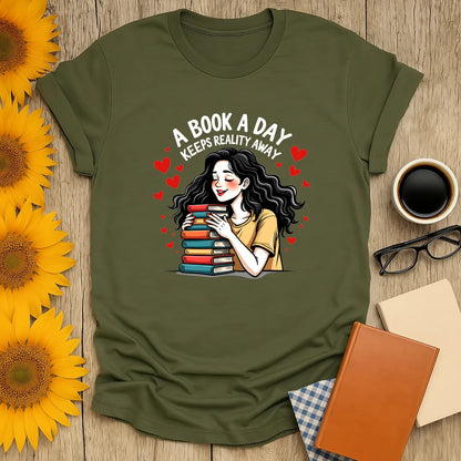 Bookish Romance T-Shirt featuring an illustrated woman with books, perfect cozy fit for readers and introverts 📖.