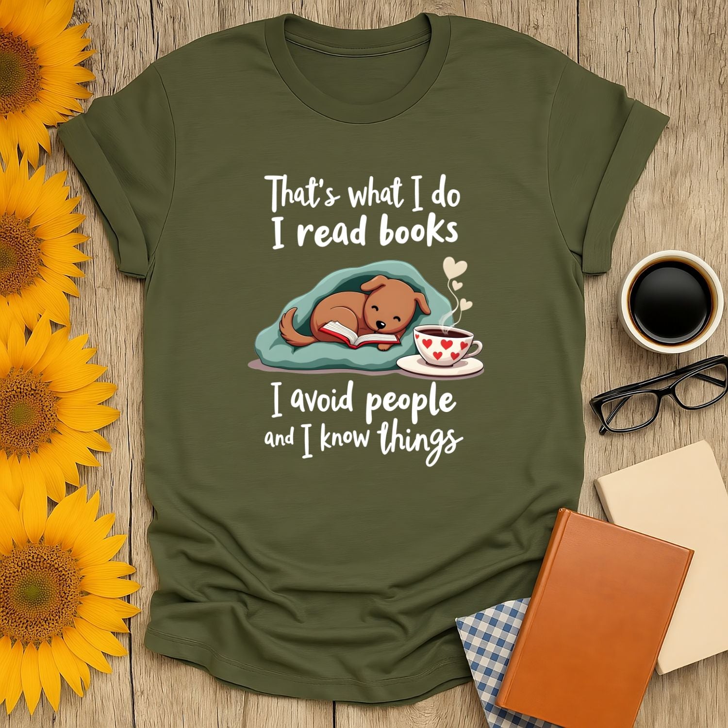 Cozy Pup Reads T-Shirt featuring a cute dog reading, perfect for book lovers, made from soft ring-spun cotton.