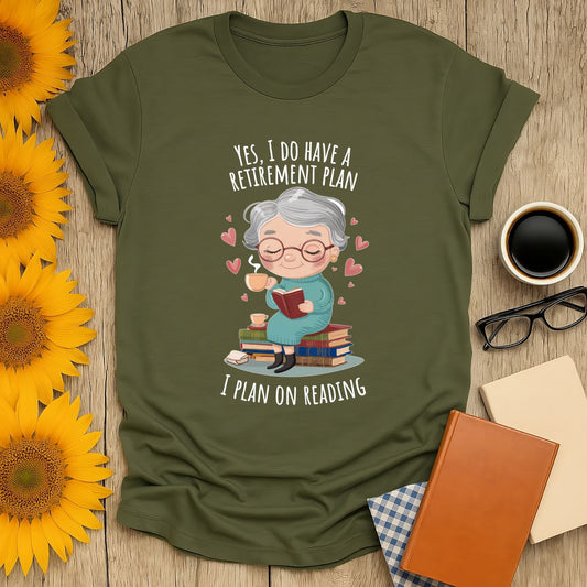 Retirement Reading Plan T-Shirt featuring a cartoon elderly woman reading with a book lover theme.
