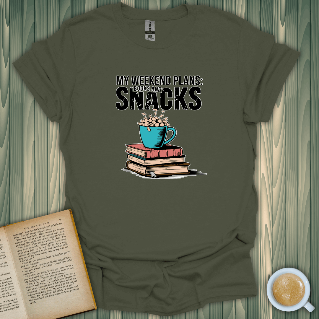 Weekend Vibes T-Shirt featuring coffee, books, and snacks design, perfect for book lovers.