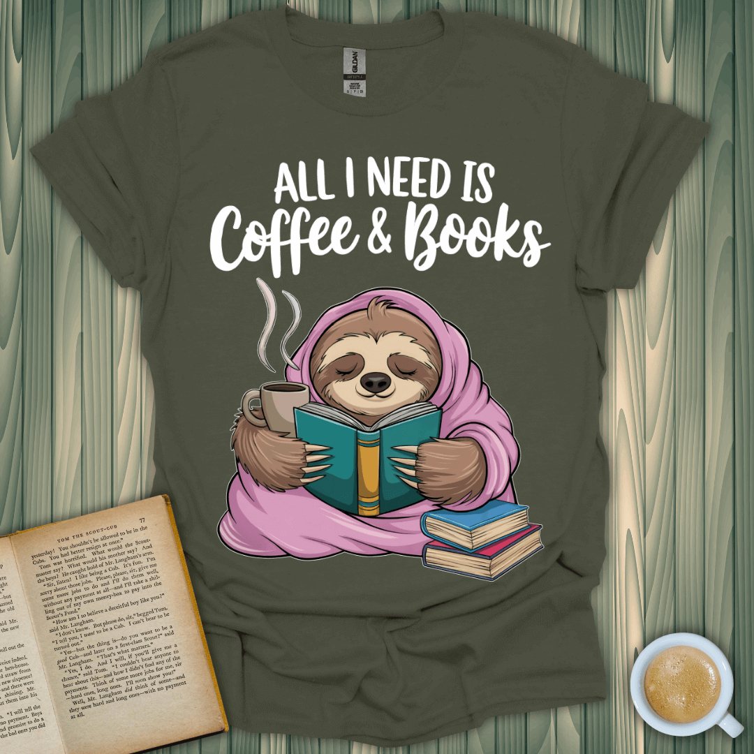 Sloth wearing a cozy blanket reading a book while sipping coffee on a Coffee & Books T-Shirt for book lovers.