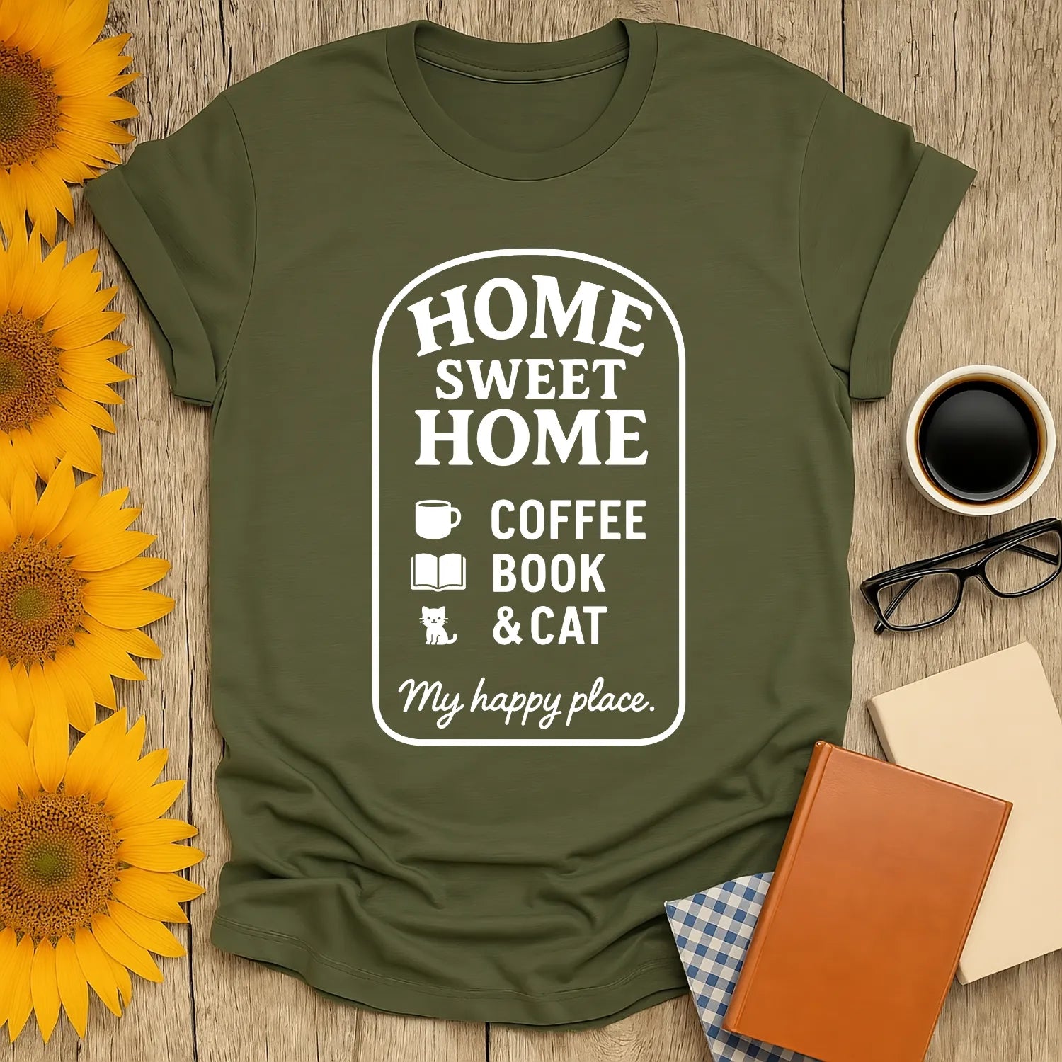 Home Sweet Home shirt with coffee, book, and cat design; cozy tee for book lovers and cat enthusiasts.