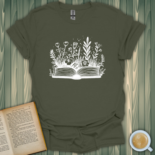 Books and Blooms T-Shirt for book lovers, featuring a floral design on soft olive green fabric.