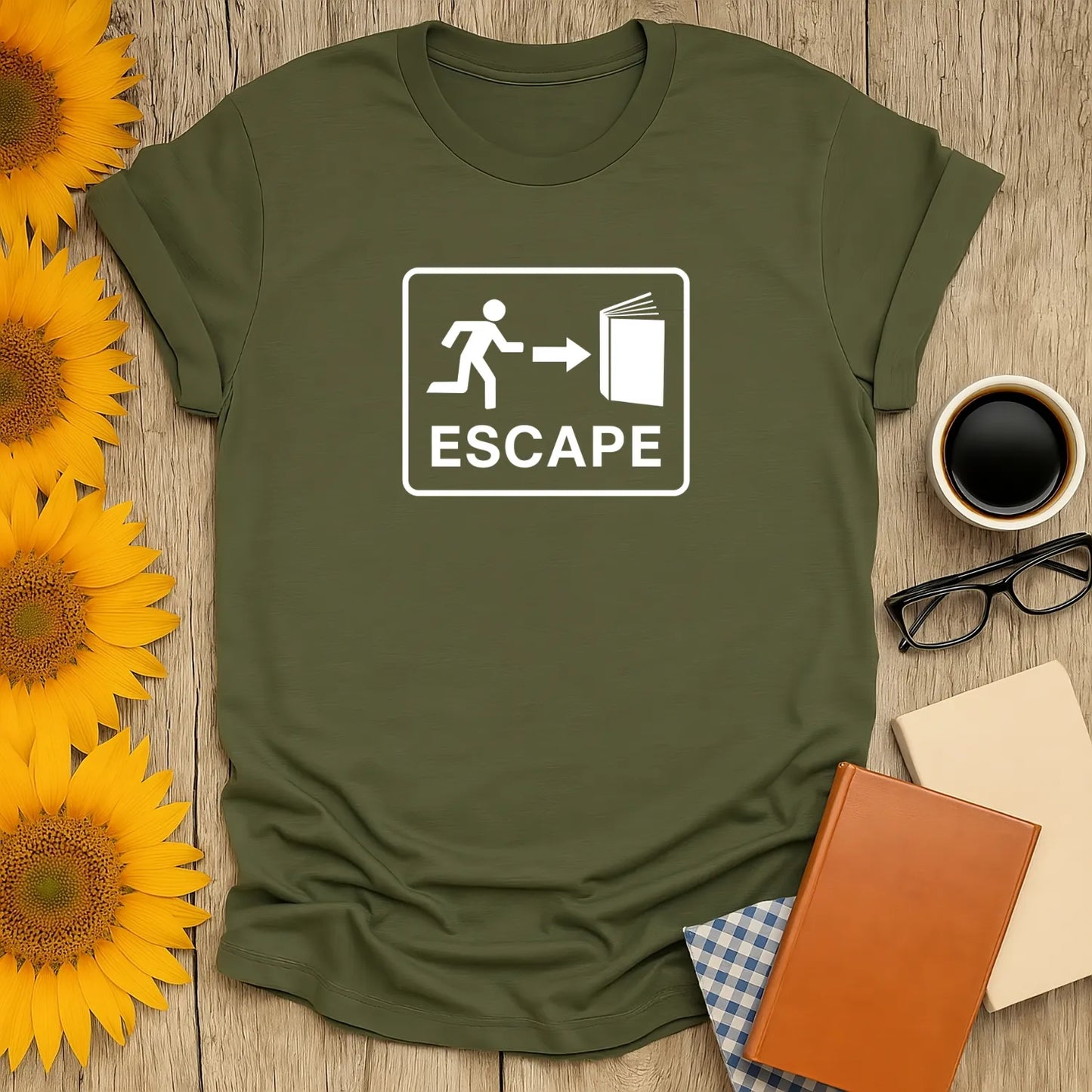 Olive green shirt featuring an exit sign with a person running toward a book; a witty tee for book lovers and introverts.