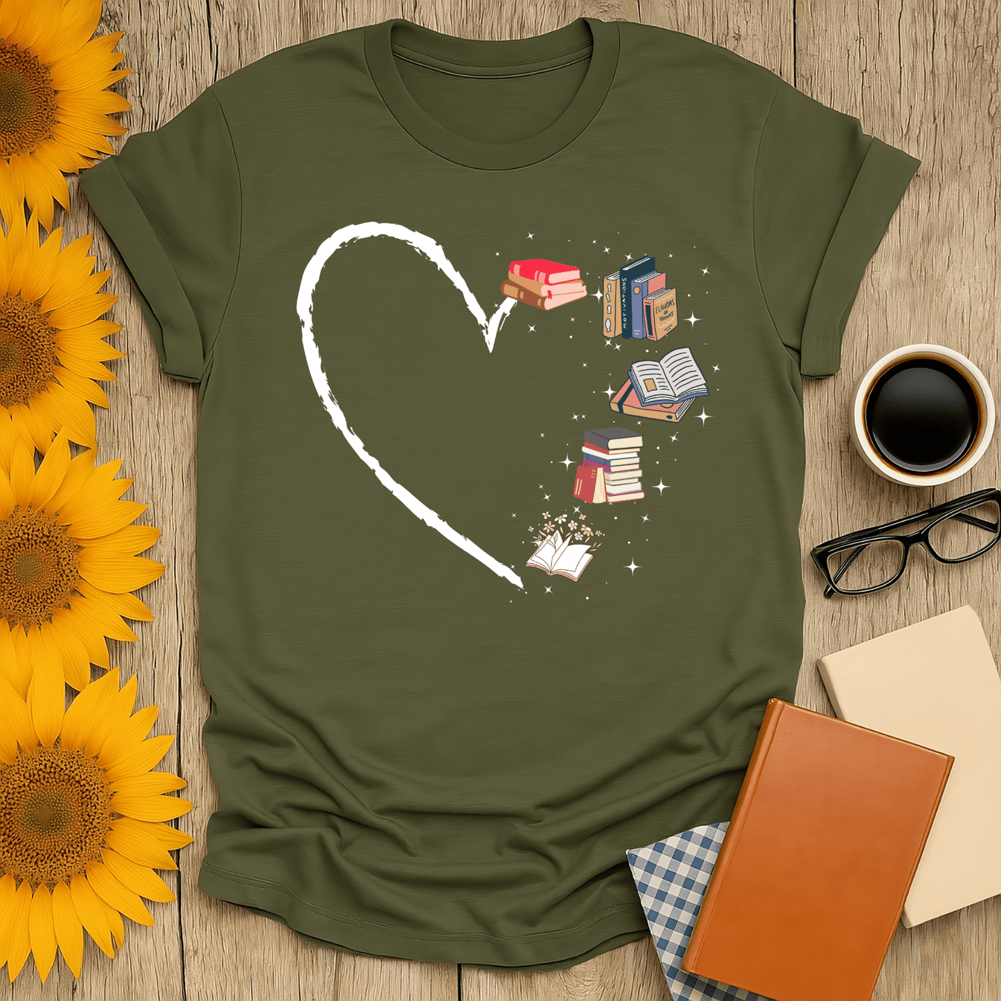 Bookish Heart T-Shirt featuring books in a heart design, perfect for book lovers. Made of 100% ring-spun cotton.