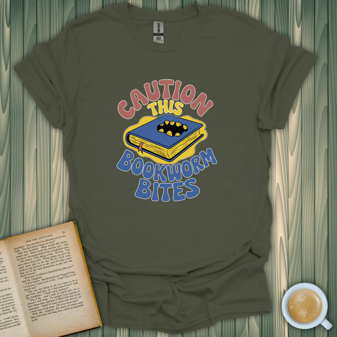 Caution This Bookworm Bites T-Shirt for book lovers, featuring fun graphics on soft, breathable fabric.