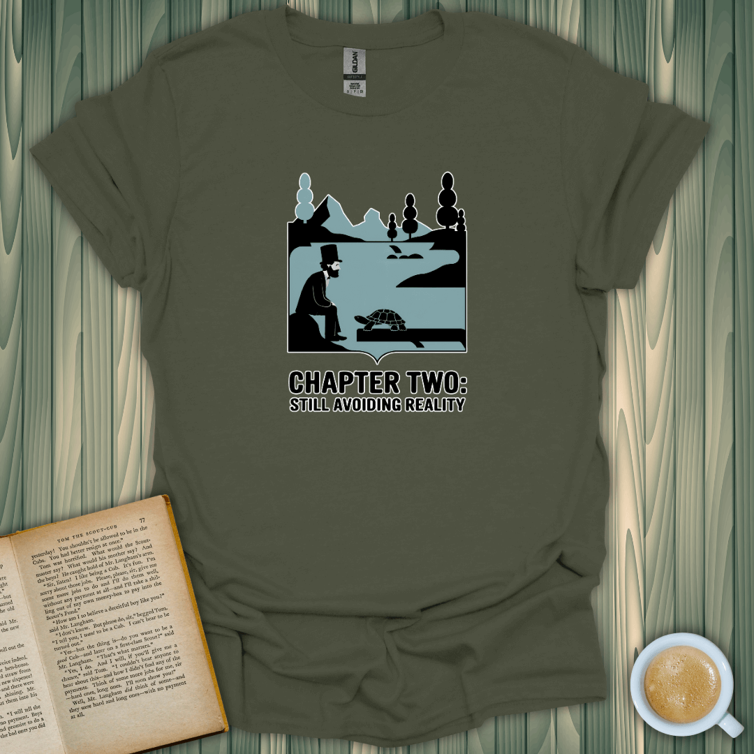 Still Avoiding Reality T-Shirt for book lovers, featuring a whimsical design of a reader with a turtle.