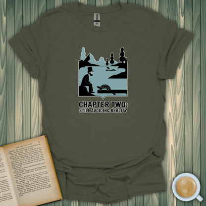 Still Avoiding Reality T-Shirt for book lovers, featuring a whimsical design of a reader with a turtle.