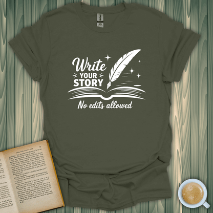 Olive green Write Your Story t-shirt for book lovers, featuring a quill and stars design, made from 100% cotton.