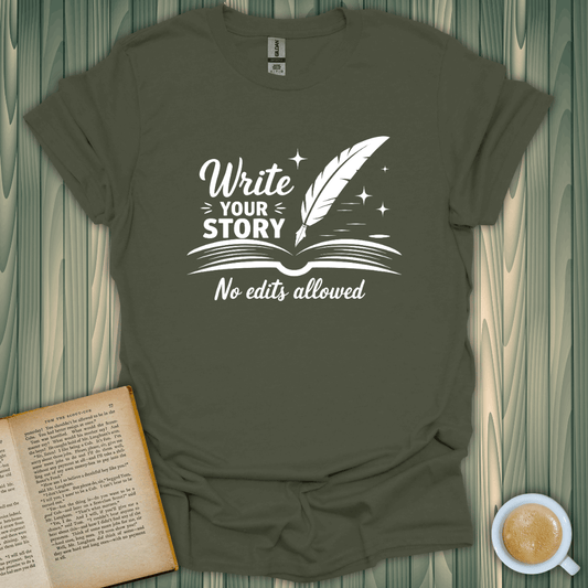 Olive green Write Your Story t-shirt for book lovers, featuring a quill and stars design, made from 100% cotton.