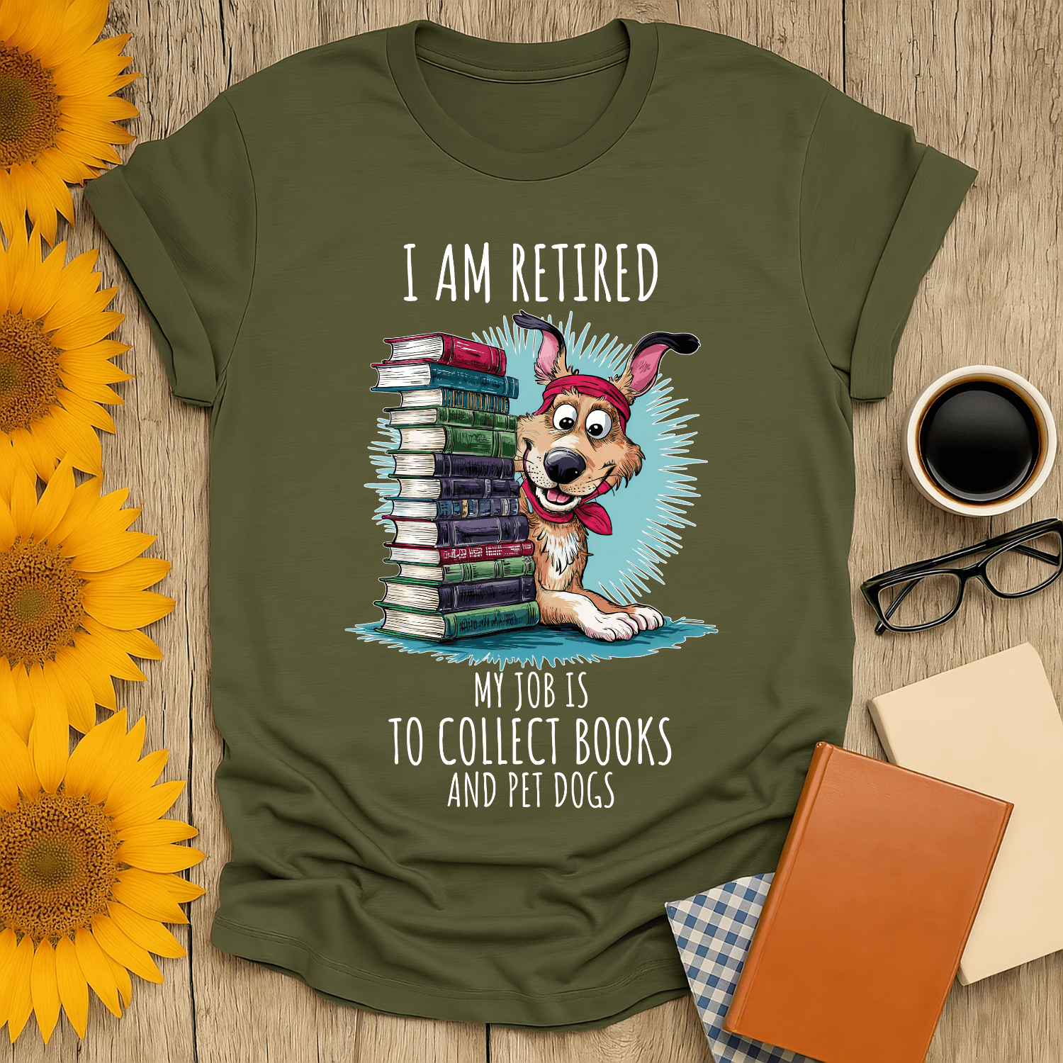 Retired & Bookish T-Shirt featuring a dog and stacks of books, ideal for book lovers, made from 100% cotton.