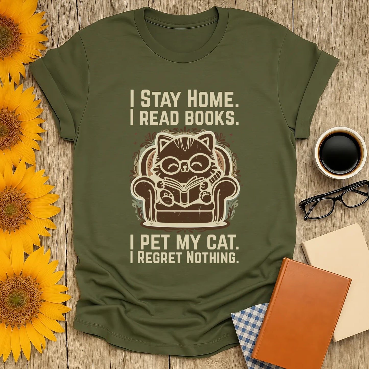 Ornament Cat Reader T-Shirt featuring a cozy cat in glasses reading, with funny text about home, books, and cats.