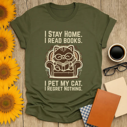 Ornament Cat Reader T-Shirt featuring a cozy cat in glasses reading, with funny text about home, books, and cats.