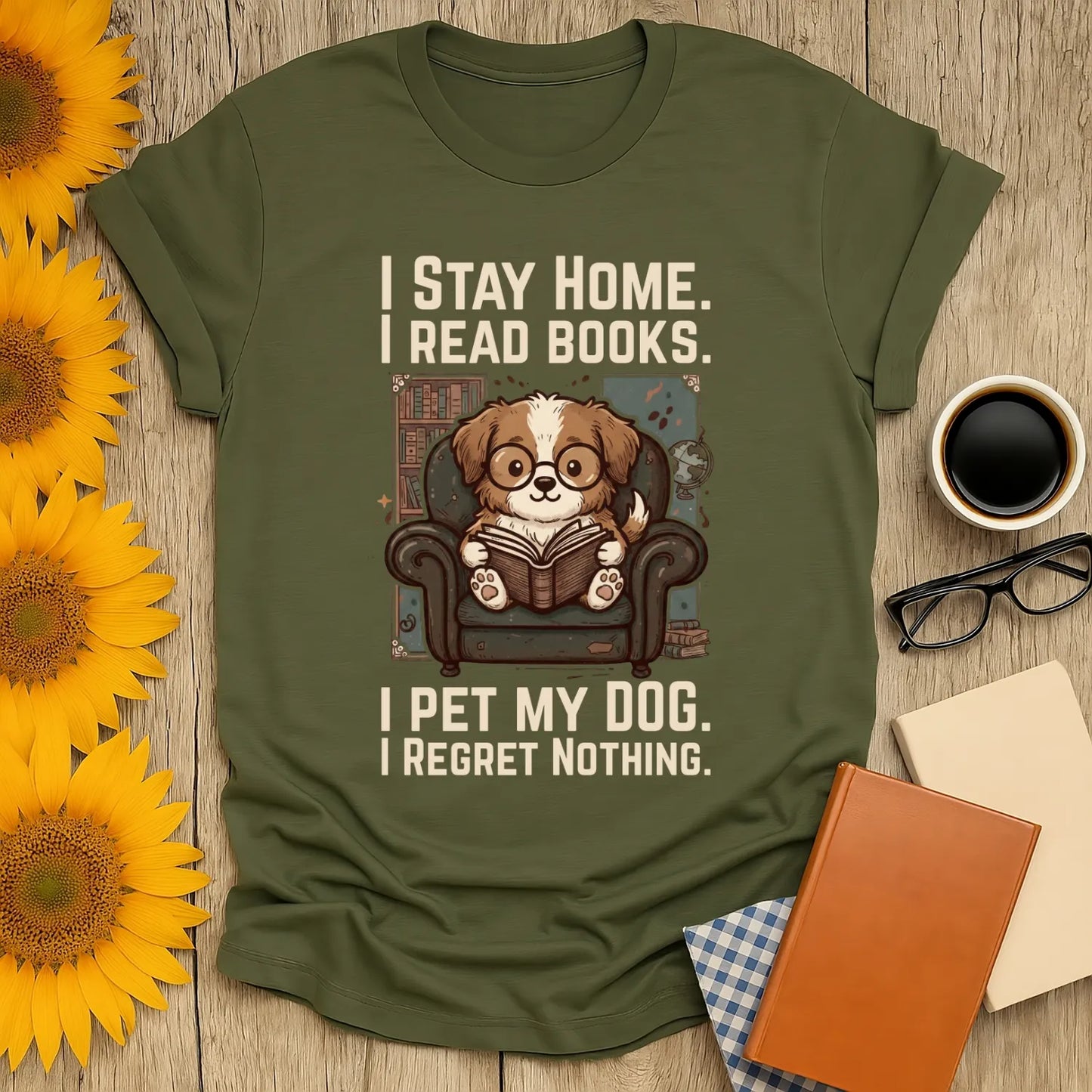 Library Dog Reader T-Shirt in olive green featuring a cute dog reading a book, ideal for funny book lovers and cozy reading enthusiasts.
