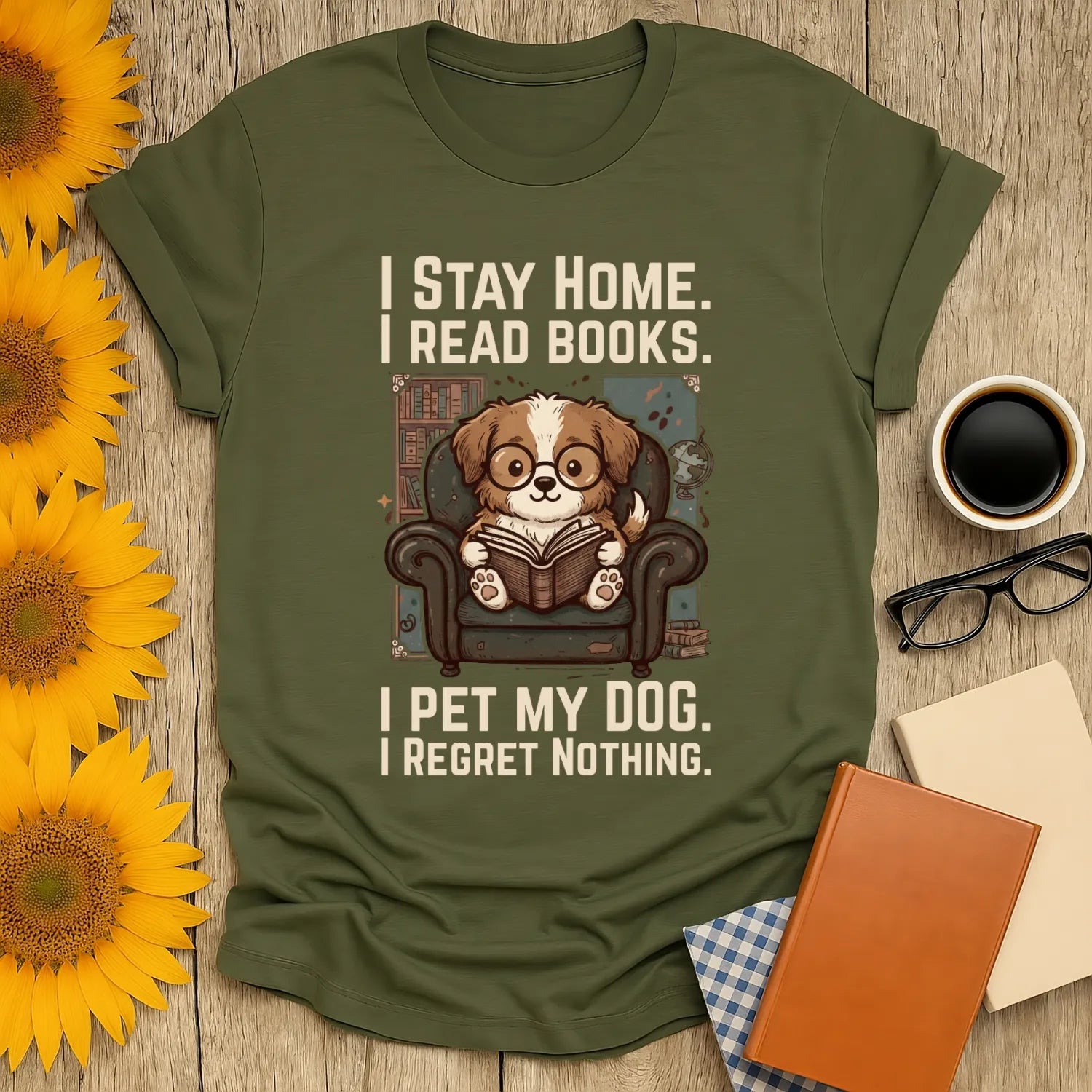 Library Dog Reader T-Shirt in olive green featuring a cute dog reading a book, ideal for funny book lovers and cozy reading enthusiasts.