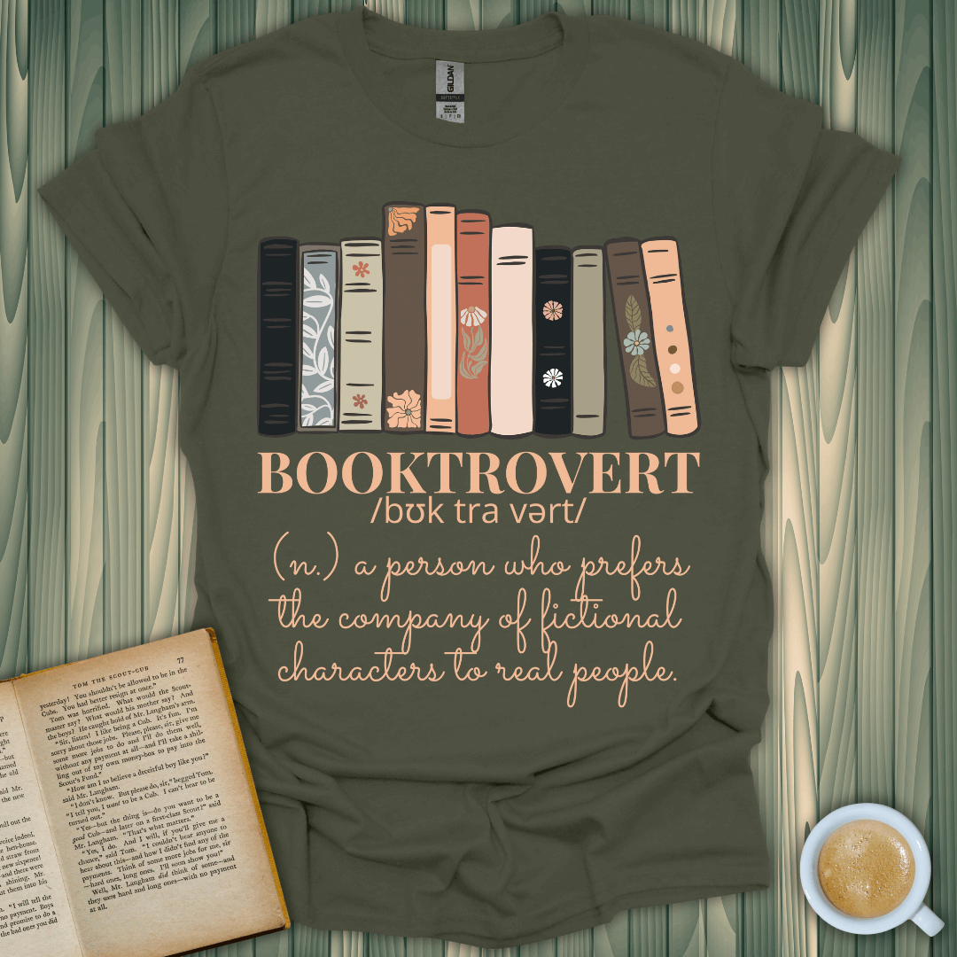 Booktrovert t-shirt for book lovers featuring a unique design and soft, breathable fabric. Perfect for cozy reading days.