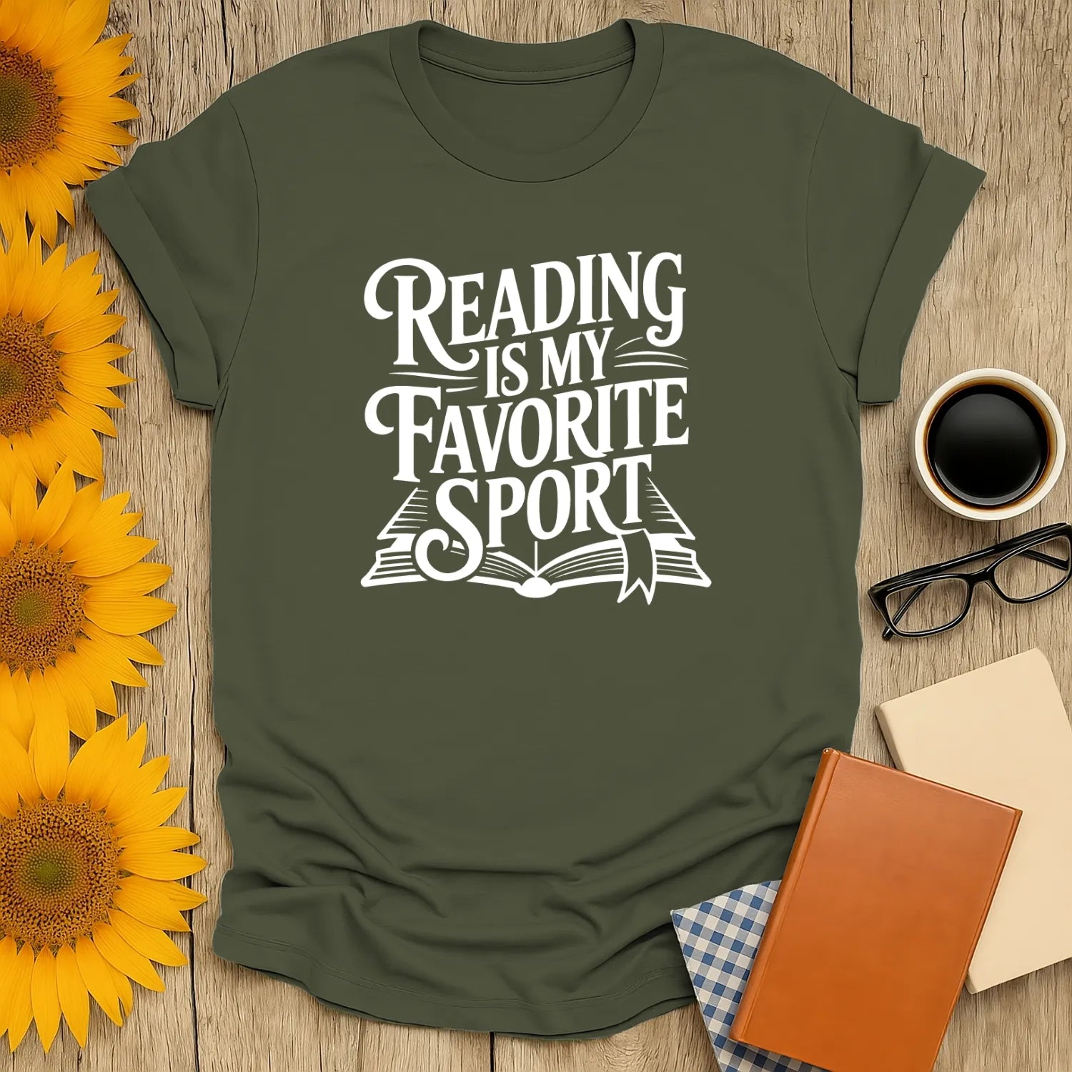 Cozy green book lover shirt with 'Reading is My Favorite Sport' text, perfect for cat, coffee, or tea fans. Ideal gift for readers!