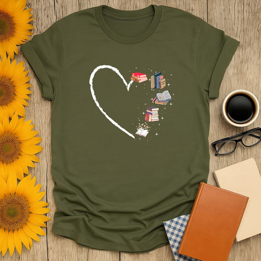Bookish Heart T-Shirt for book lovers, featuring a heart design with floating books on a soft green tee, perfect for casual wear.