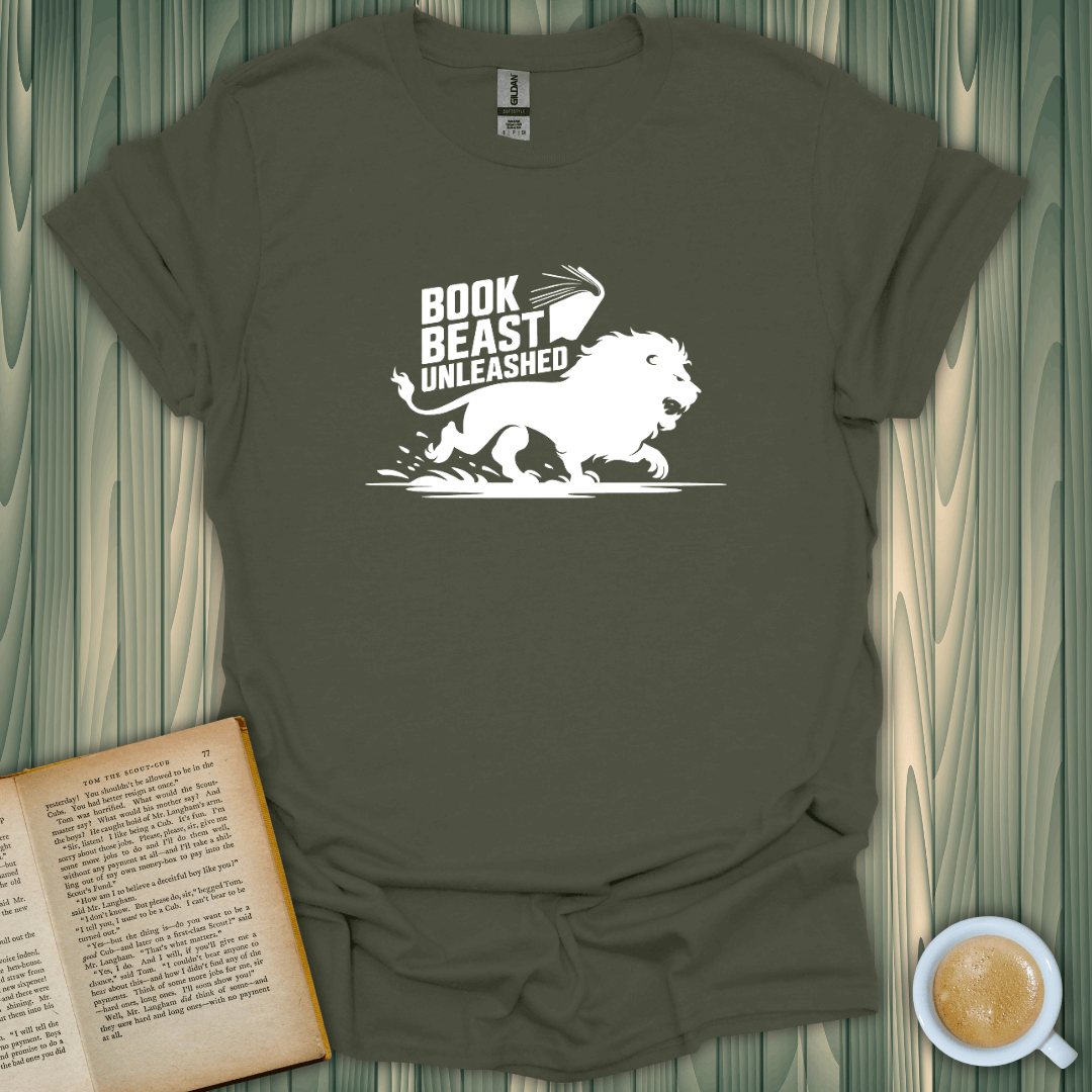 Book Beast Unleashed T-Shirt for book lovers, featuring a lion design on lightweight cotton fabric.