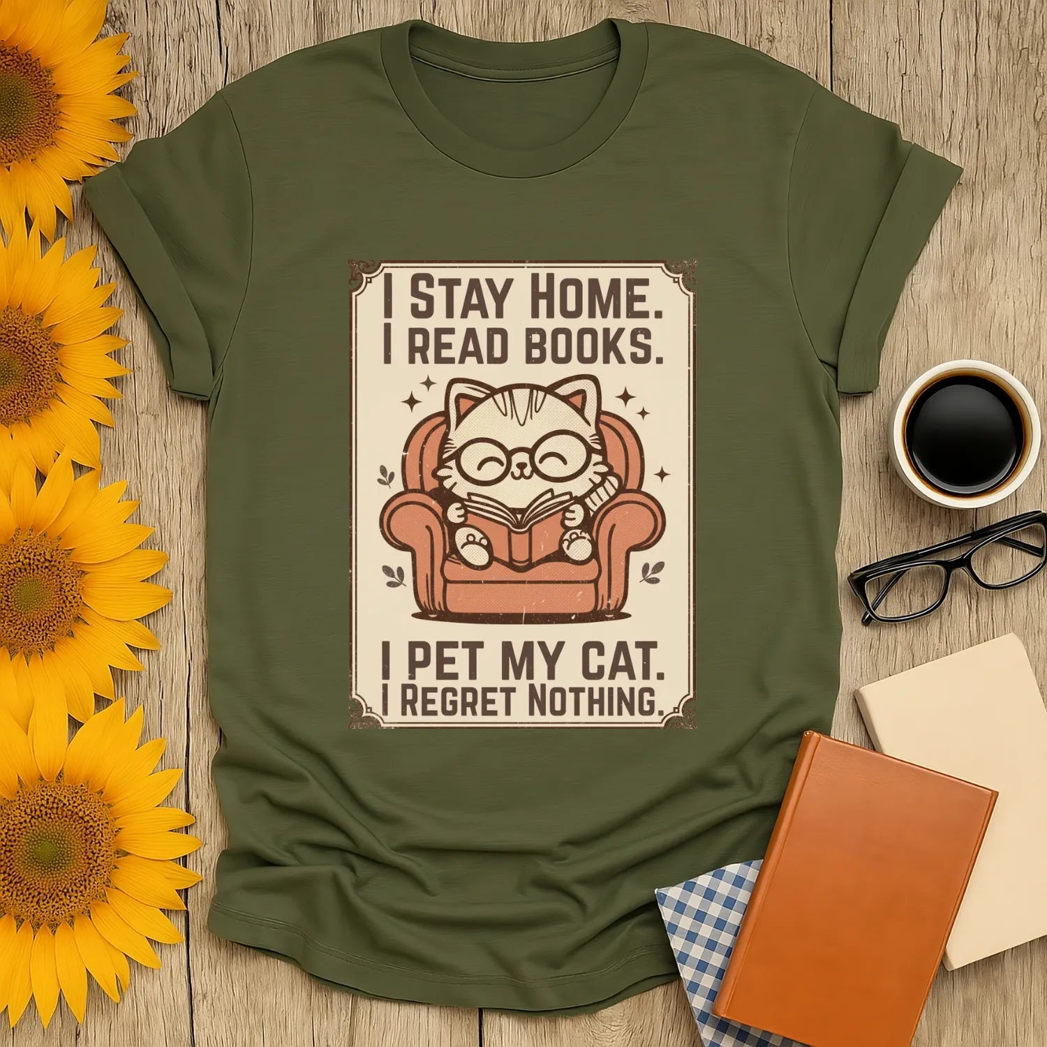 Poster Cat Reader T-Shirt featuring a cozy illustrated cat reading in an armchair, perfect for book lovers and cat enthusiasts.