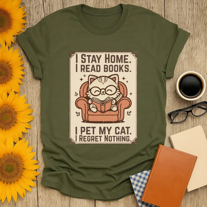 Poster Cat Reader T-Shirt featuring a cozy illustrated cat reading in an armchair, perfect for book lovers and cat enthusiasts.