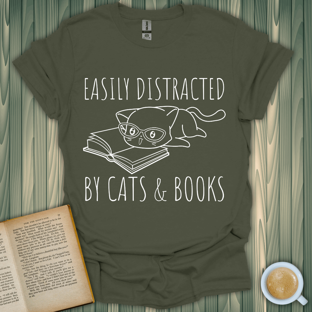 Easily distracted by cats & books t-shirt for book lovers, premium soft cotton, unisex fit in olive green.