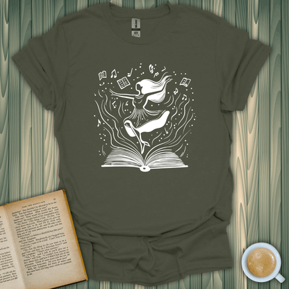 Dance Through Pages T-Shirt for book lovers, featuring a whimsical design of a dancer emerging from an open book.