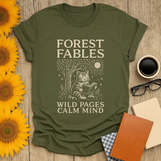 Forest Fables T-shirt featuring a whimsical cat reading under a tree. Perfect gift for book lovers and cat enthusiasts.