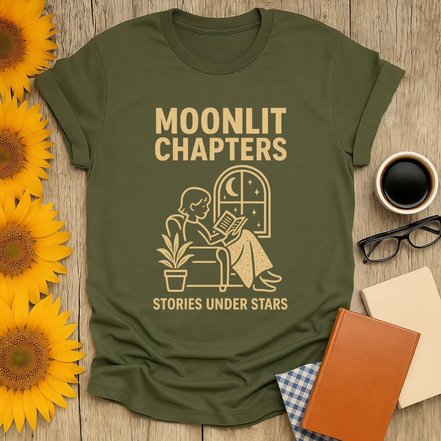 Moonlit Chapters T-Shirt with a cozy reader by a window, celebrating bookish humor—ideal for book lovers and a perfect gift!