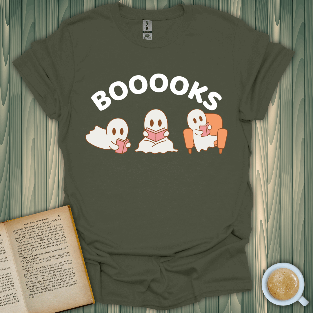 Booooks T-Shirt for book lovers featuring playful ghost graphics, made from 100% cotton, unisex fit, and premium design.