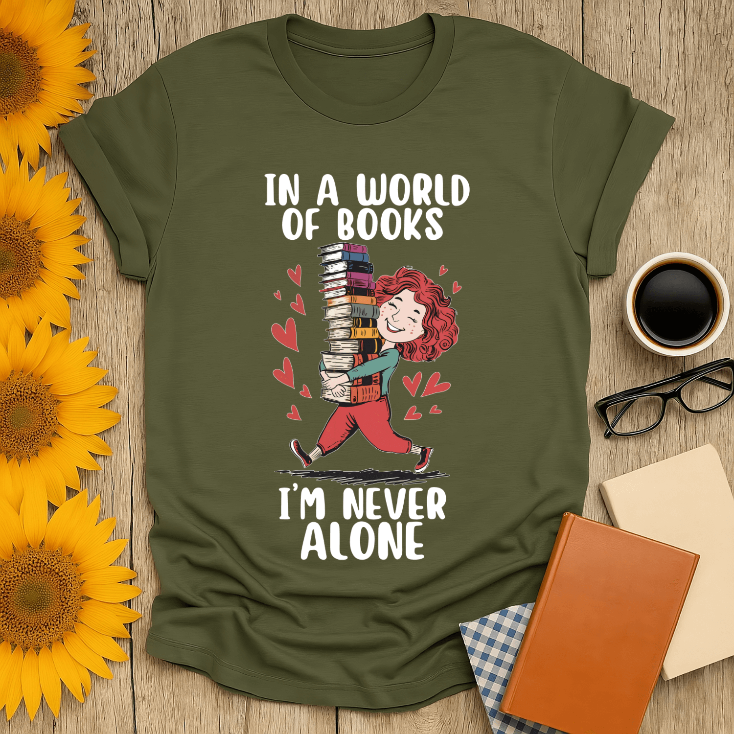 Unisex 'Never Alone with Books' T-Shirt for book lovers, featuring a whimsical design with a girl carrying books.