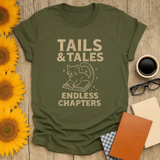 Tails & Tales t-shirt features a cozy cat on a book with text 'Endless Chapters'; perfect for book lovers and quirky gift ideas.