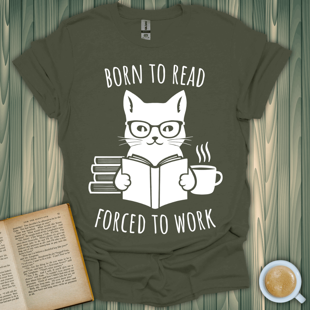 Born to Read T-Shirt for book lovers, featuring a cat with glasses and a coffee cup, printed on soft, breathable fabric.