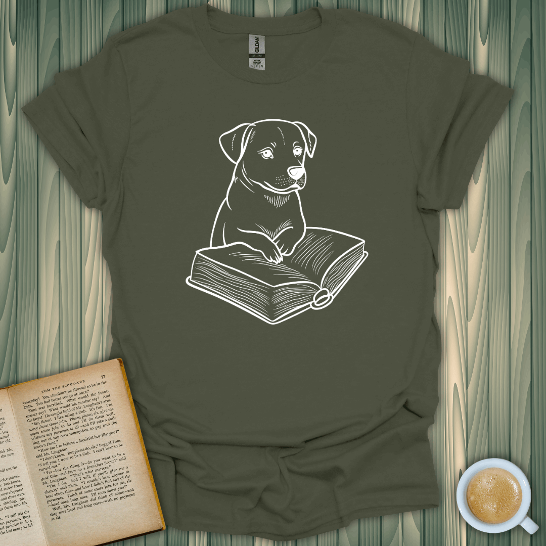 Pawsitive Read T-Shirt featuring a cute dog reading a book, perfect for book lovers, made from 100% cotton.