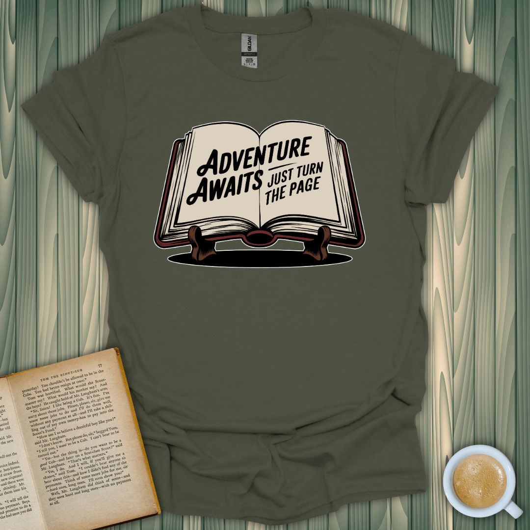 Adventure Awaits T-Shirt for book lovers with screen-printed design, 100% cotton, unisex fit.