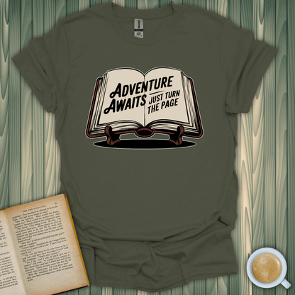 Adventure Awaits T-Shirt for book lovers with screen-printed design, 100% cotton, unisex fit.