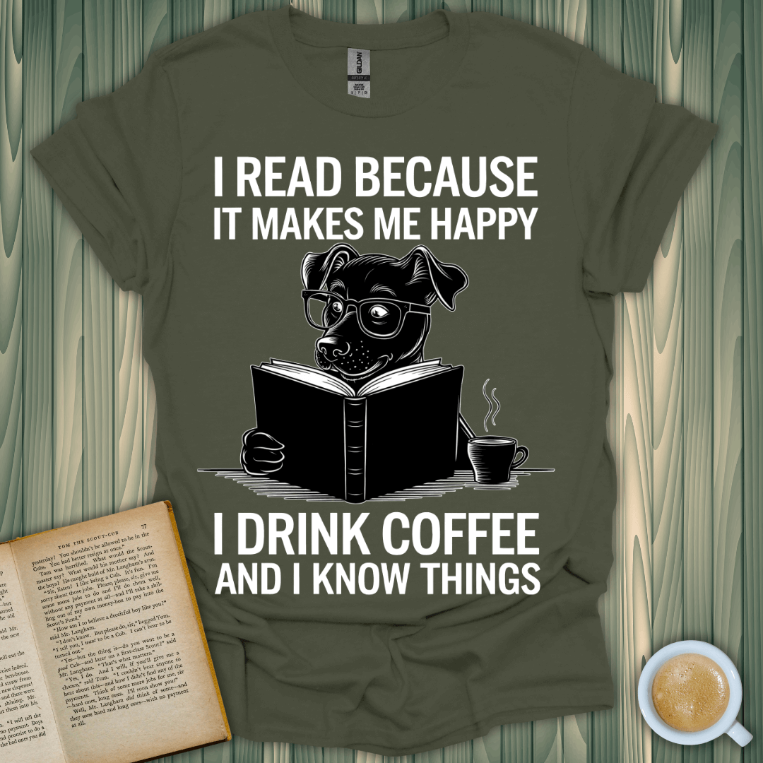 Happy Reader Caffeinated Dog T-Shirt for book lovers, featuring a dog reading and drinking coffee, 100% cotton.