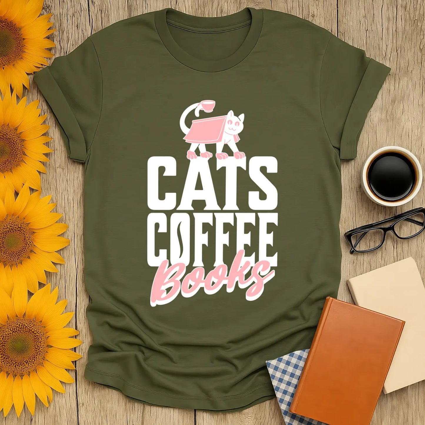 Cats. Coffee. Books. T-Shirt with playful cat illustration and bold text, perfect for book lovers and a cozy, humorous gift.