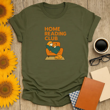Cozy Home Reading Club T-Shirt featuring a relaxed figure with a cat, perfect for book lovers and a humorous reading gift.