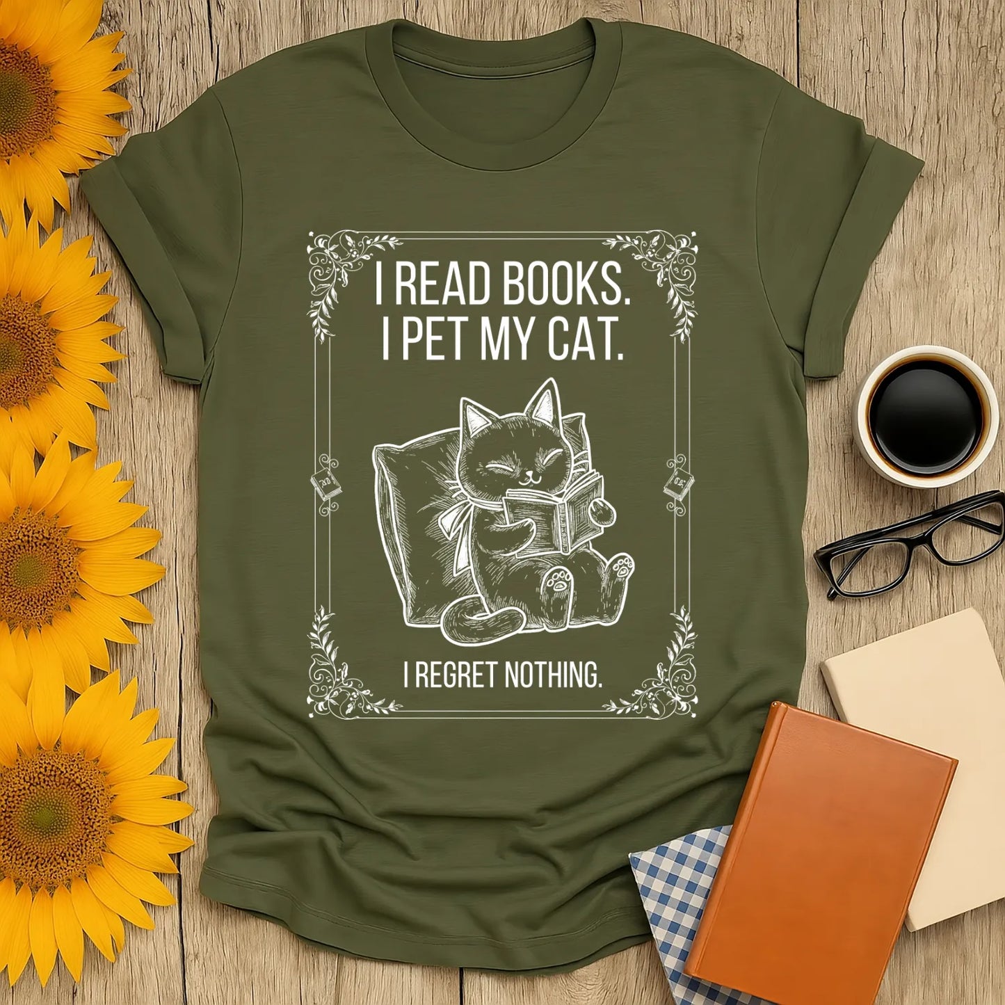 Read. Pet. No Regrets. T-Shirt featuring a cozy black cat reading a book, illustrating a book lover's relaxed mood.