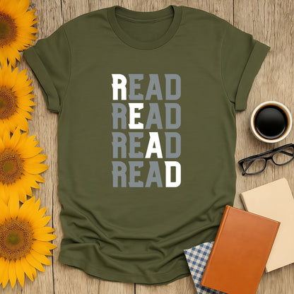 Cozy olive green t-shirt with stacked 'READ' text, perfect for book lovers who enjoy tea, coffee, and a bit of bookish humor.