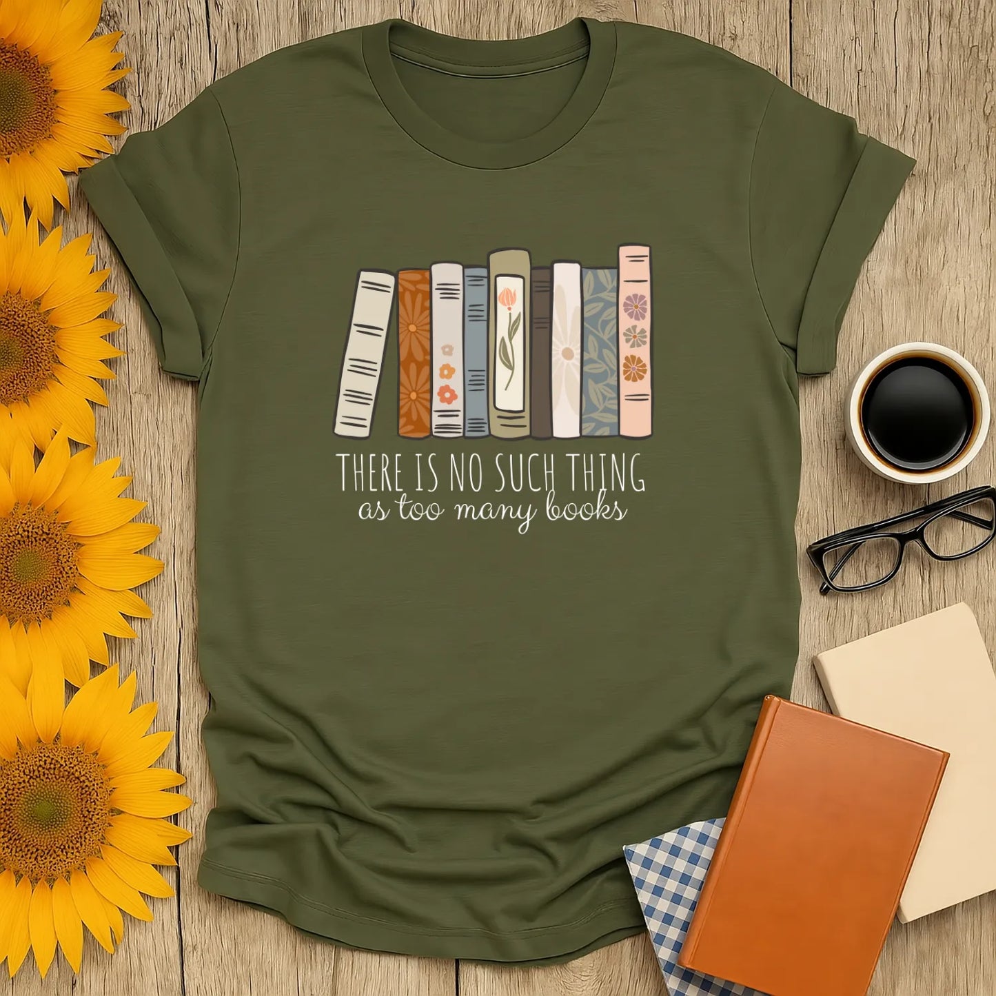 Too Many Books T-Shirt in olive green features colorful book spines, relaxed fit unisex, perfect gift for readers 📖.