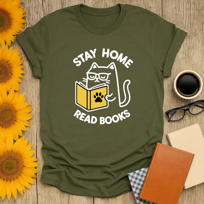 Funny cat reading shirt features cute cat and text "Stay Home Read Books"—perfect cozy book lover gift.