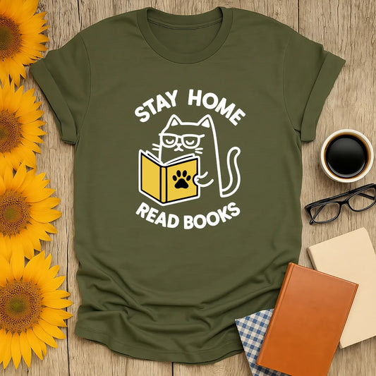 Funny cat reading shirt features cute cat and text "Stay Home Read Books"—perfect cozy book lover gift.