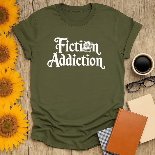 Fiction Addiction T-Shirt in olive green for book lovers, featuring soft print, perfect for casual wear.